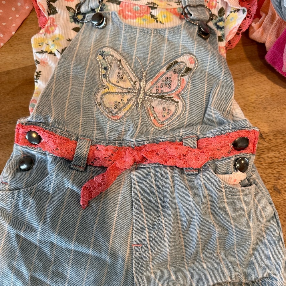 Butterfly Denim Overalls with Pink Lace Belt